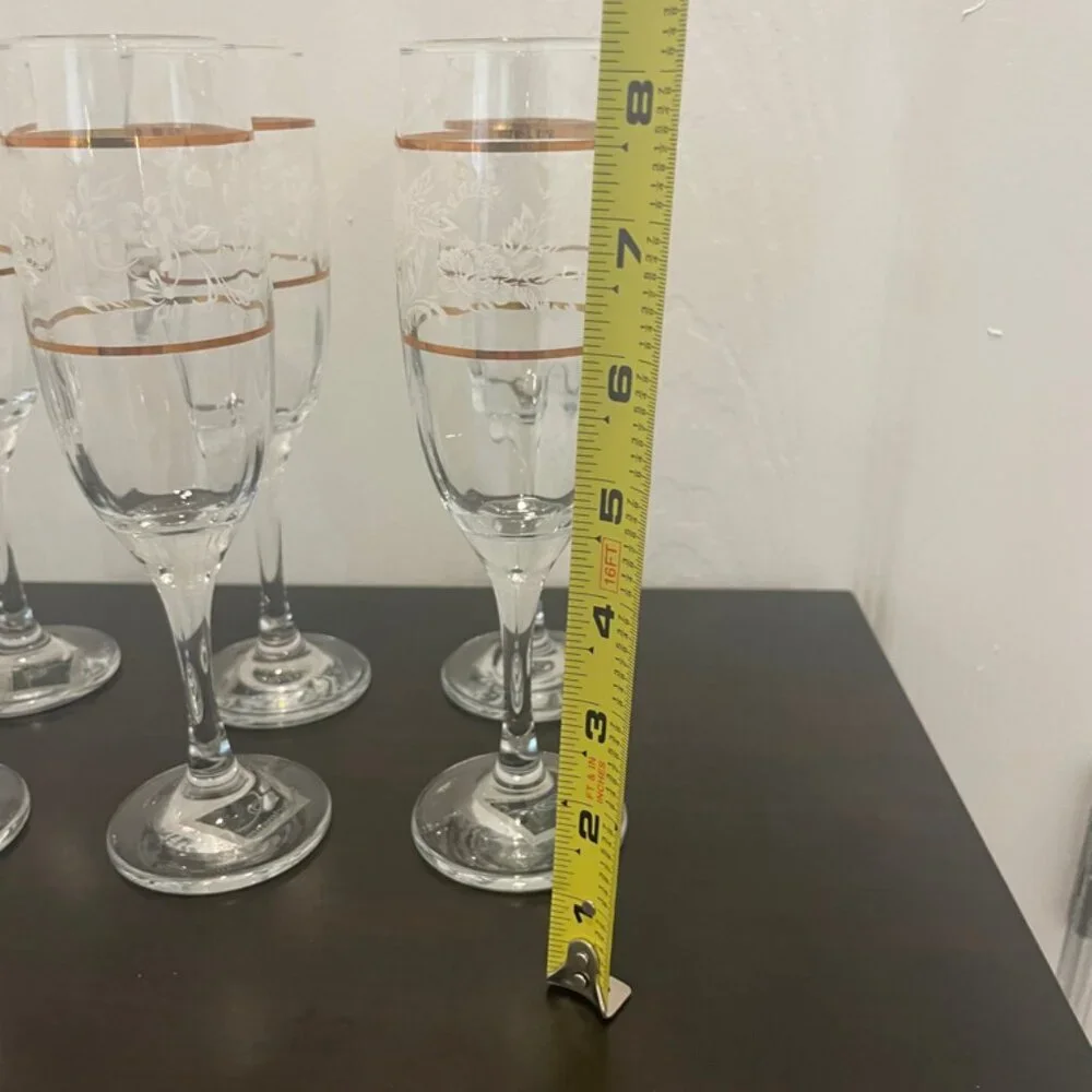 CICLE WARE SET OF 6‎ CHAMPAGNE FLUTES DUTCHES GOLD RIM FLORAL MADE IN TURKEY